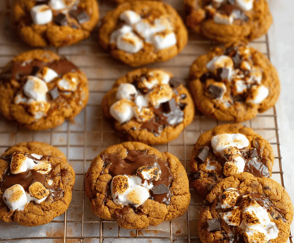 Delicious Pumpkin S'mores Cookies with melted chocolate and toasted marshmallows on a festive autumn plate