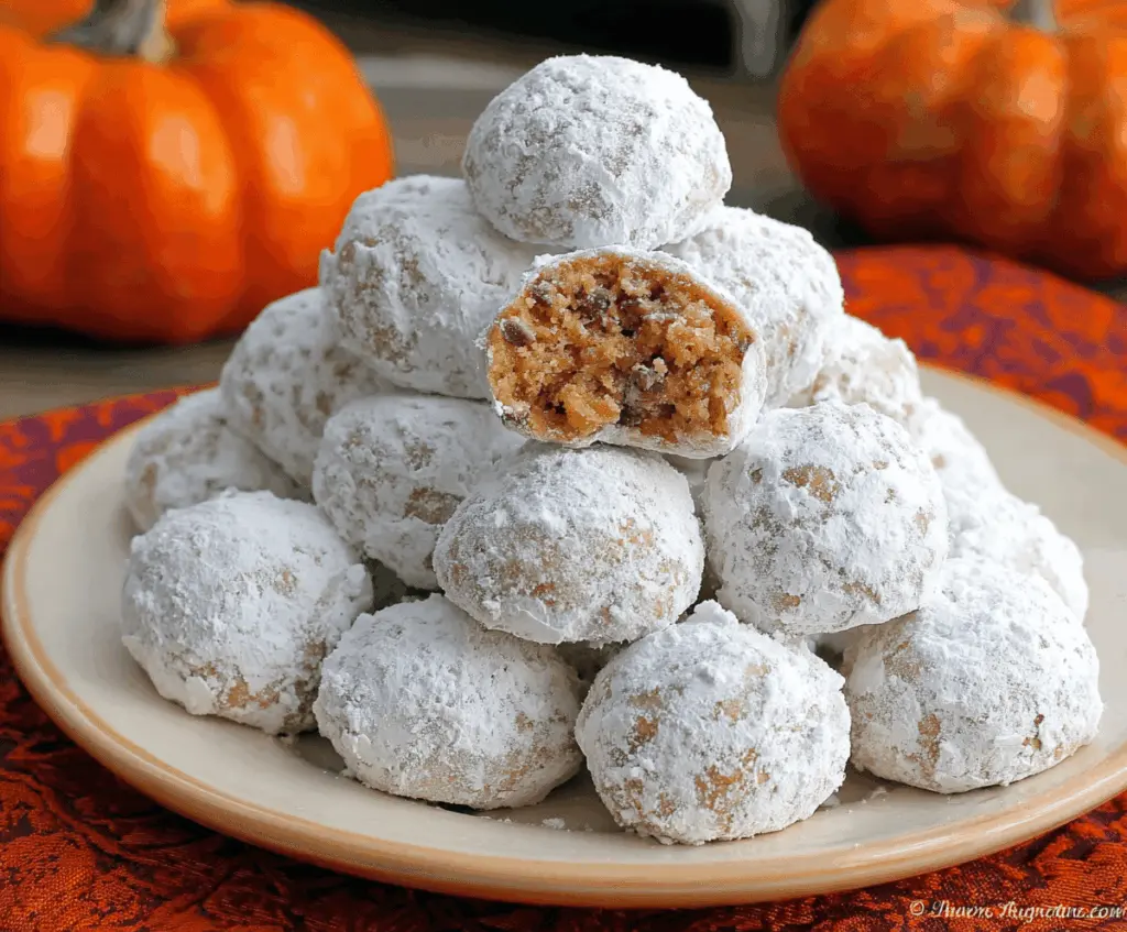 Delicious homemade pumpkin snowball cookies coated in powdered sugar on a festive plate, perfect for fall desserts.