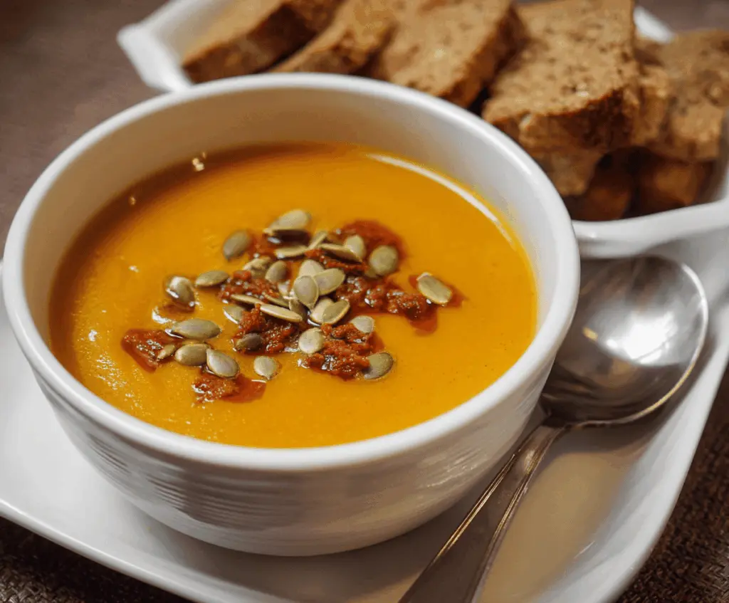 Creamy homemade pumpkin soup served in a bowl garnished with fresh herbs, perfect for a comforting fall meal.