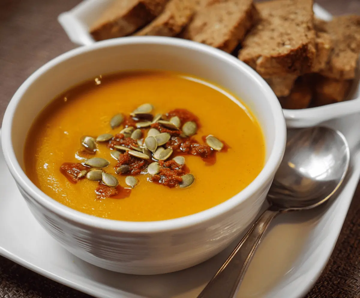 Creamy homemade pumpkin soup served in a bowl garnished with fresh herbs, perfect for a comforting fall meal.