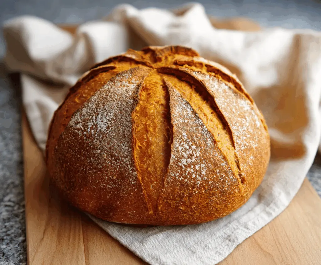 Freshly baked pumpkin sourdough bread with a golden crust and swirls of pumpkin puree, perfect for fall baking