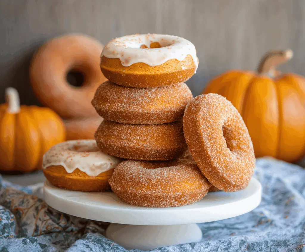 Delicious homemade pumpkin spice donuts topped with cinnamon sugar, perfect for fall treats.