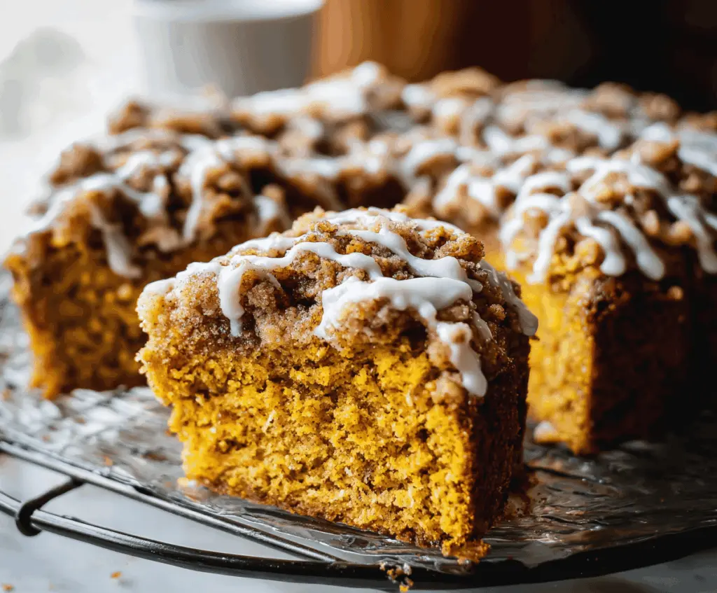 Delicious Pumpkin Streusel Coffee Cake topped with crumbly streusel and cinnamon, served on a rustic plate with a cup of coffee
