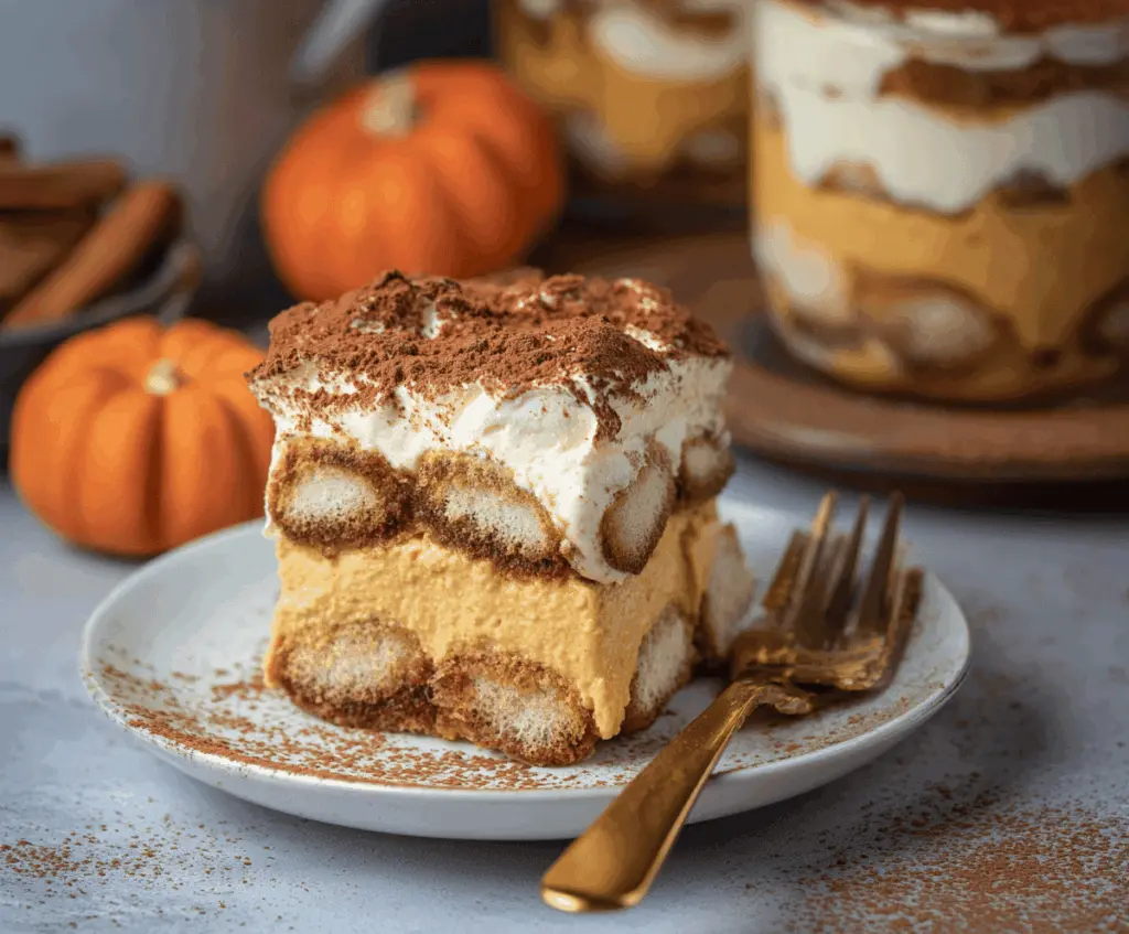 Delicious Pumpkin Tiramisu dessert with layered mascarpone cheese, pumpkin puree, and cocoa powder, perfect for fall and holiday celebrations.