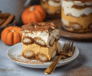 Delicious Pumpkin Tiramisu dessert with layered mascarpone cheese, pumpkin puree, and cocoa powder, perfect for fall and holiday celebrations.