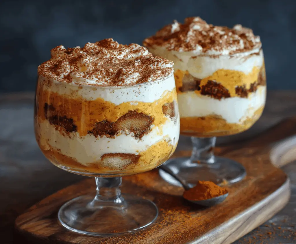 Delicious pumpkin tiramisu dessert with layered mascarpone cream, coffee-soaked ladyfingers, and pumpkin spice topping, perfect for fall celebrations.