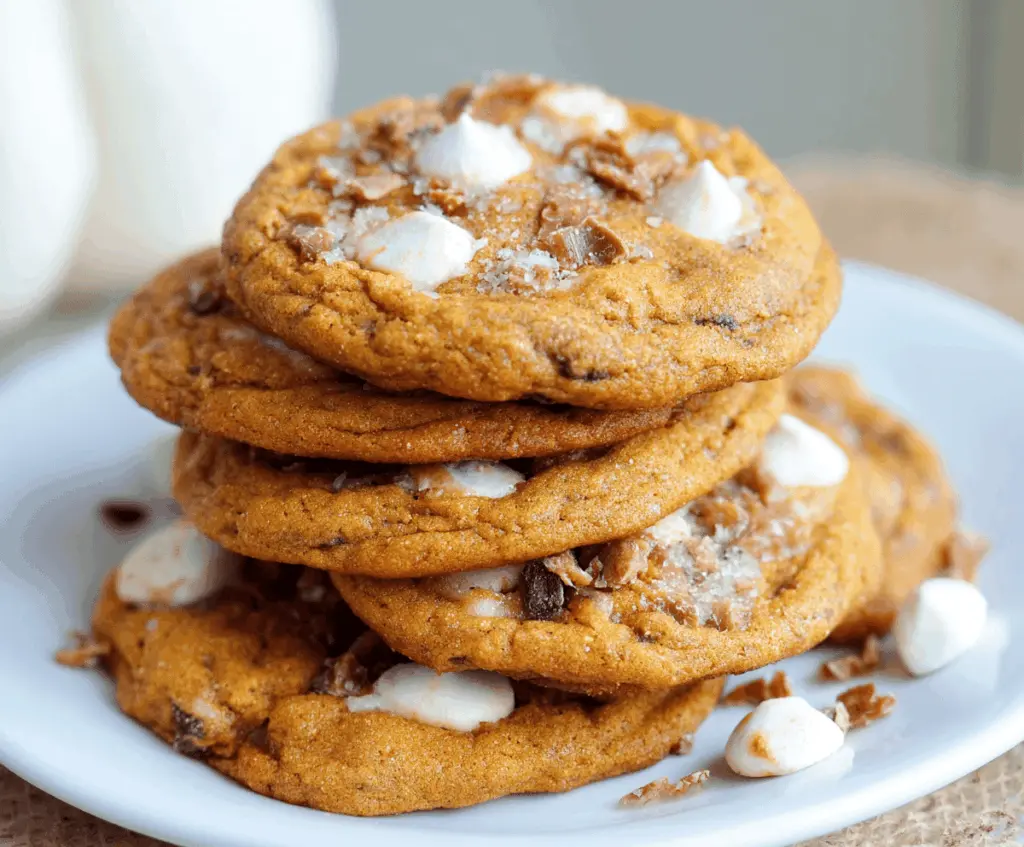 Delicious homemade Pumpkin Toffee Cookies with golden brown edges and melted toffee bits, perfect for fall baking.
