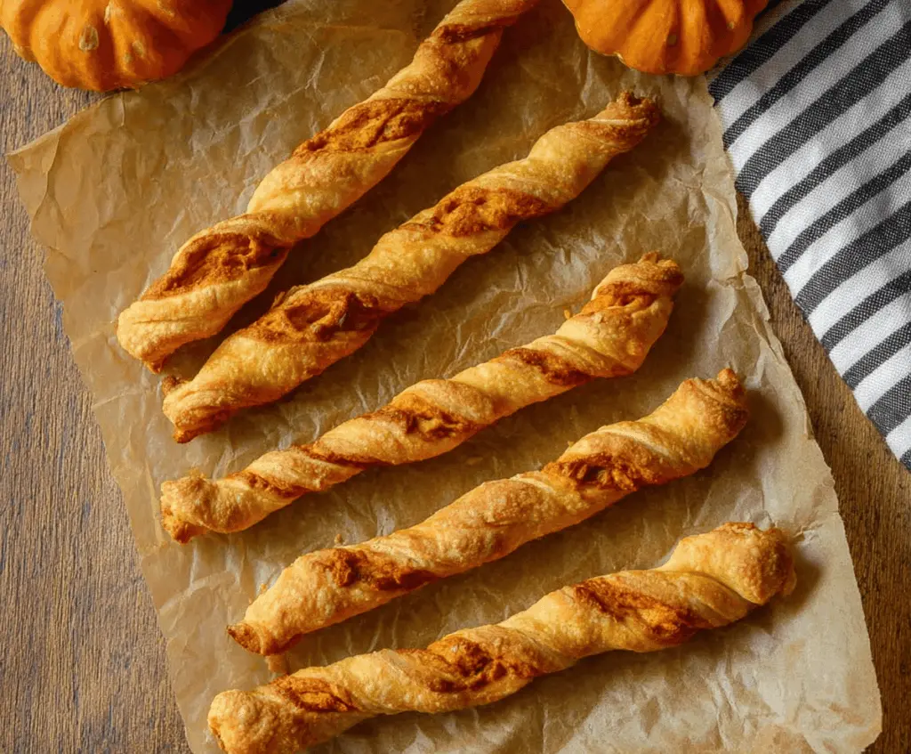 Golden Pumpkin Twists pastry with cinnamon sugar, served on a rustic wooden table, perfect for fall baking and holiday snacks.