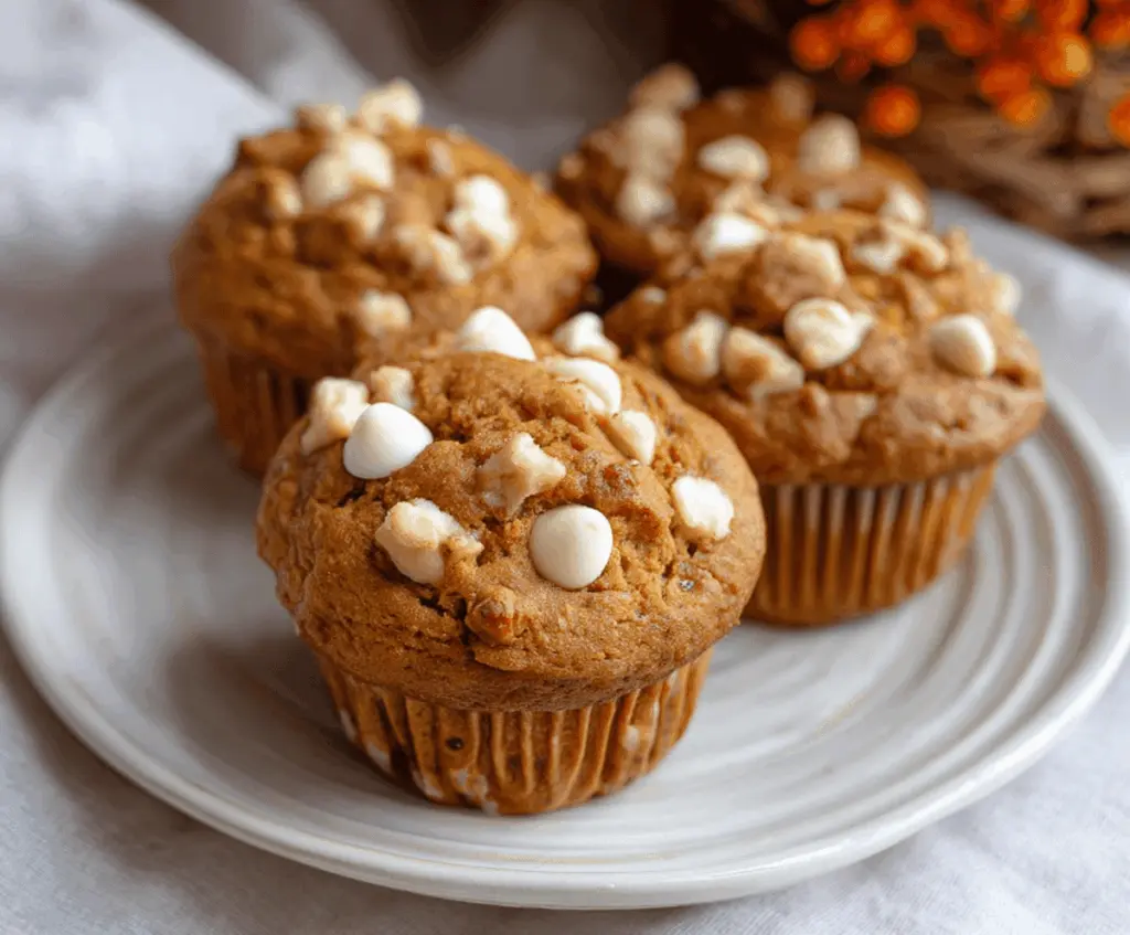 Delicious pumpkin white chocolate chip muffins topped with creamy white chocolate chips and a sprinkle of cinnamon on a rustic baking tray
