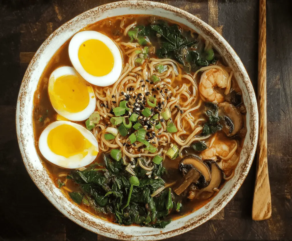 Delicious steaming bowl of ramen noodle soup with sliced pork, soft-boiled eggs, green onions, and flavorful broth on a wooden table