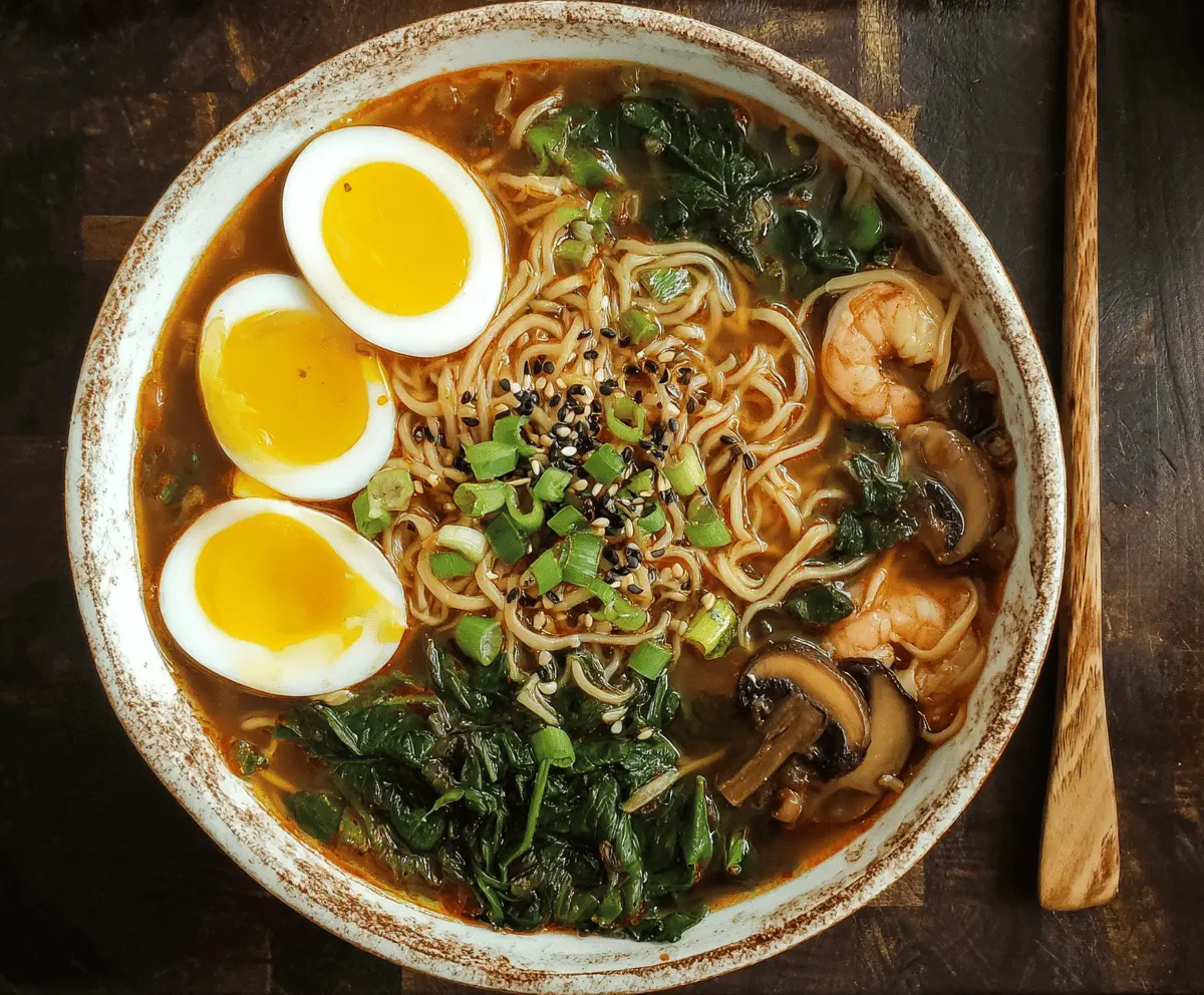Delicious steaming bowl of ramen noodle soup with sliced pork, soft-boiled eggs, green onions, and flavorful broth on a wooden table