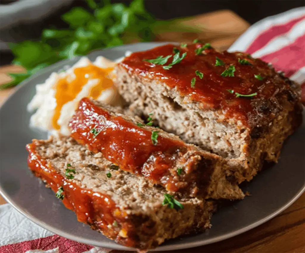 Delicious homemade Ranch Meatloaf garnished with fresh herbs on a white plate, served with vegetables and mashed potatoes, perfect for a comforting family dinner.