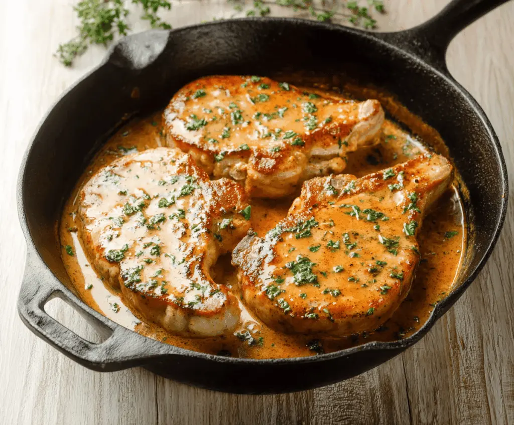 Juicy ranch-seasoned pork chops with a golden crust served on a plate with fresh herbs and vegetables.