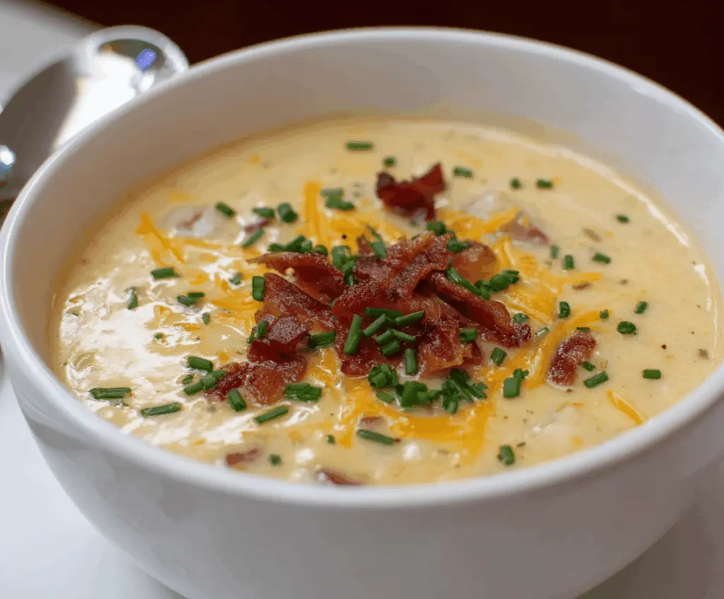 Creamy red potato soup served in a bowl, garnished with fresh herbs and a sprinkle of black pepper.