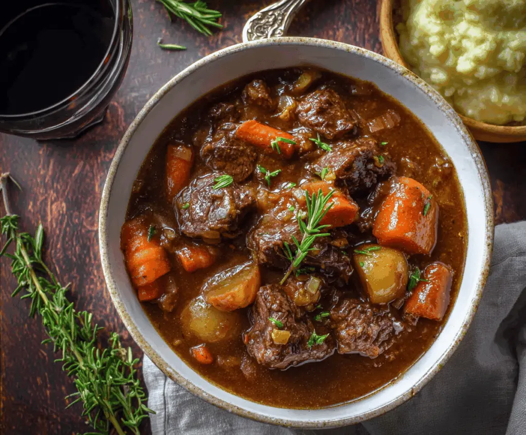Hearty red wine beef stew with tender beef chunks, vegetables, and herbs served in a rustic bowl.