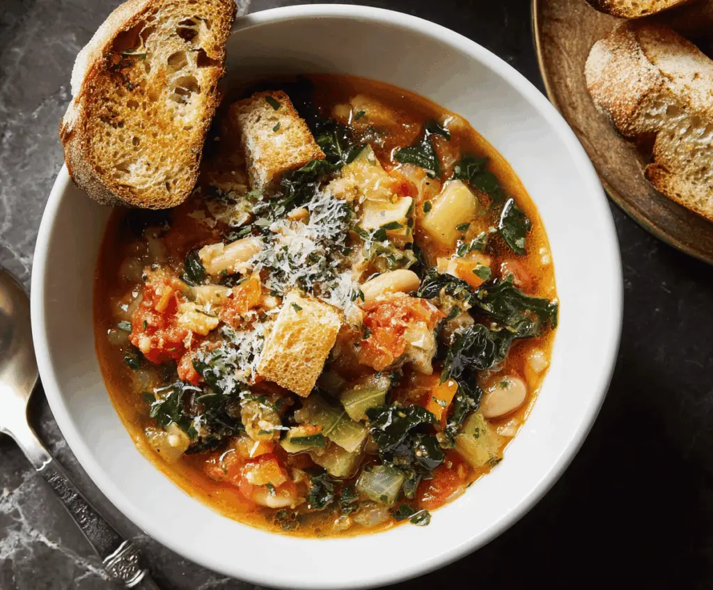 Hearty bowl of traditional Ribollita soup featuring rustic vegetables, beans, and crusty bread for a comforting Italian vegetarian meal.