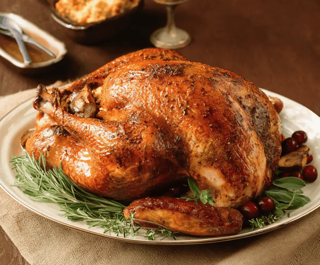 Golden roasted turkey served on a platter, perfect for a holiday feast.