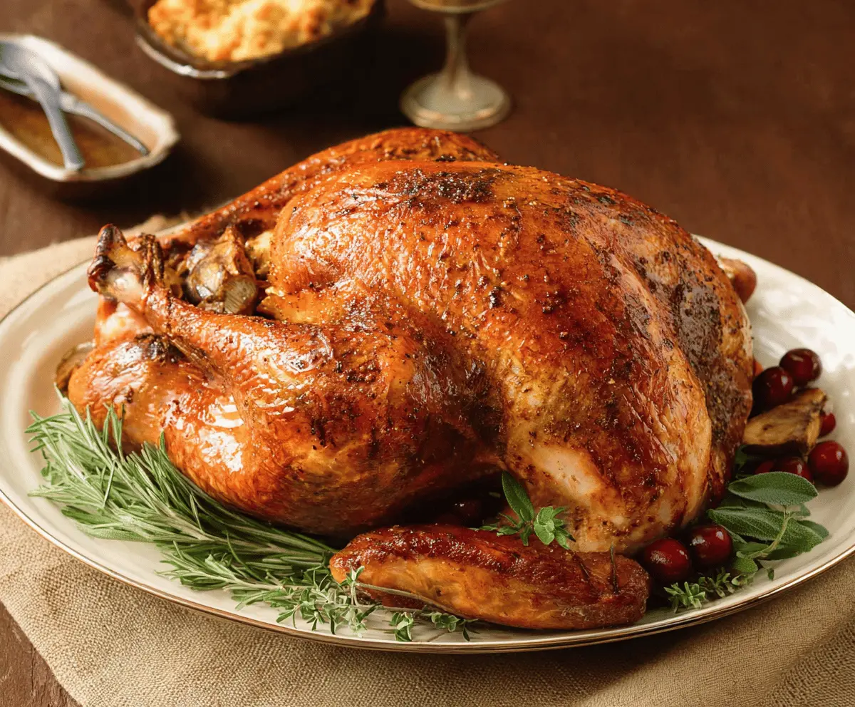 Golden roasted turkey served on a platter, perfect for a holiday feast.