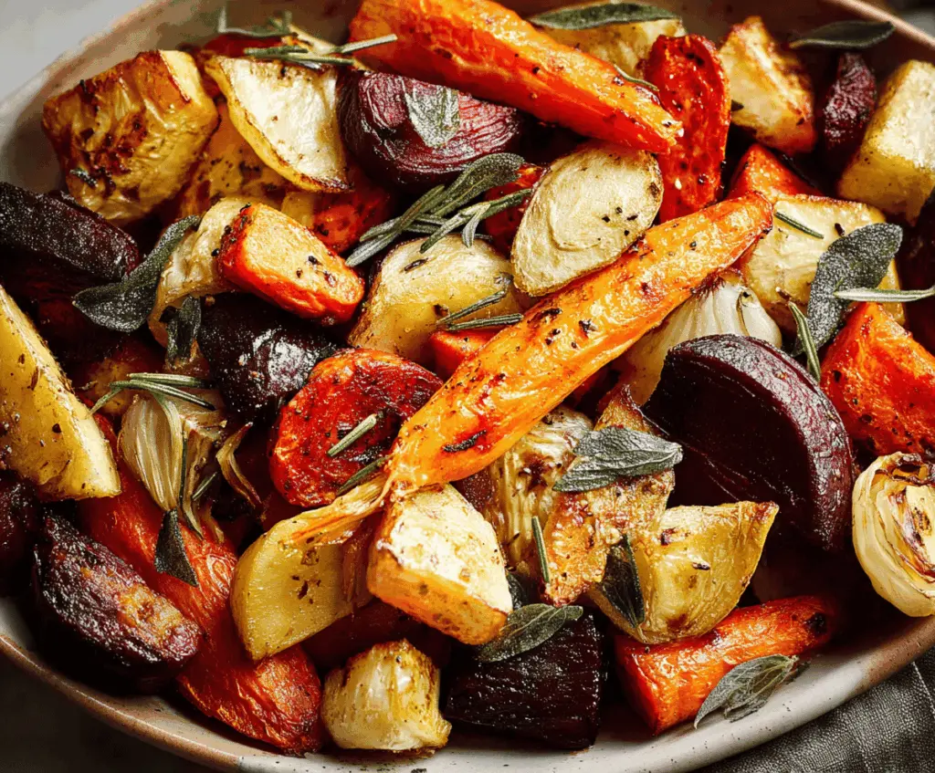 Colorful roasted root vegetables including carrots, parsnips, and beets served on a rustic plate, perfect for a healthy and flavorful side dish.