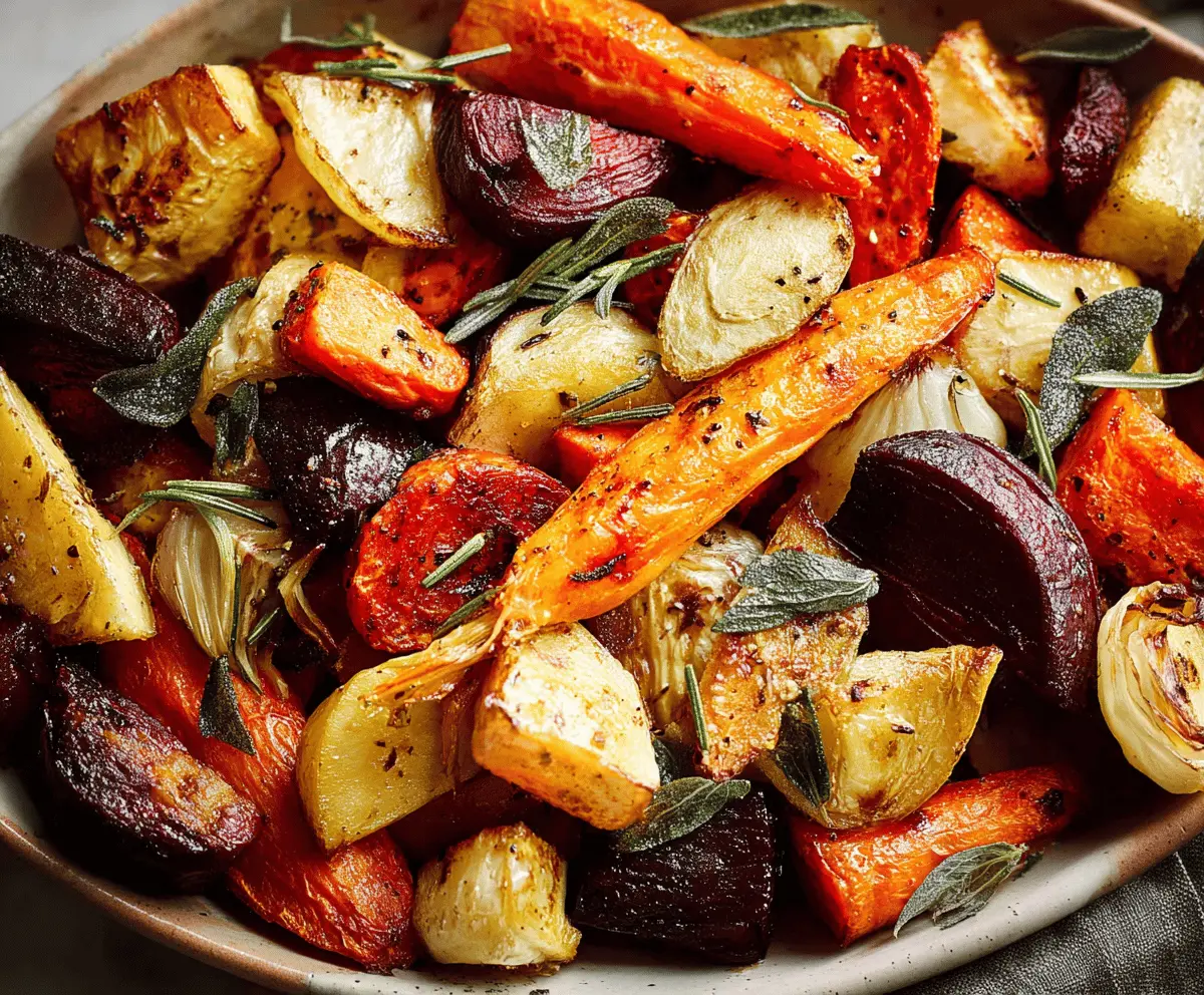 Colorful roasted root vegetables including carrots, parsnips, and beets served on a rustic plate, perfect for a healthy and flavorful side dish.