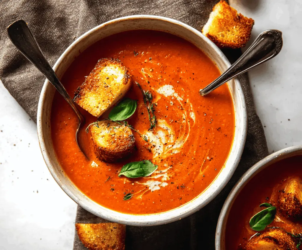 Creamy roasted tomato soup served in a bowl garnished with fresh basil leaves and a drizzle of olive oil, perfect for a comforting meal.