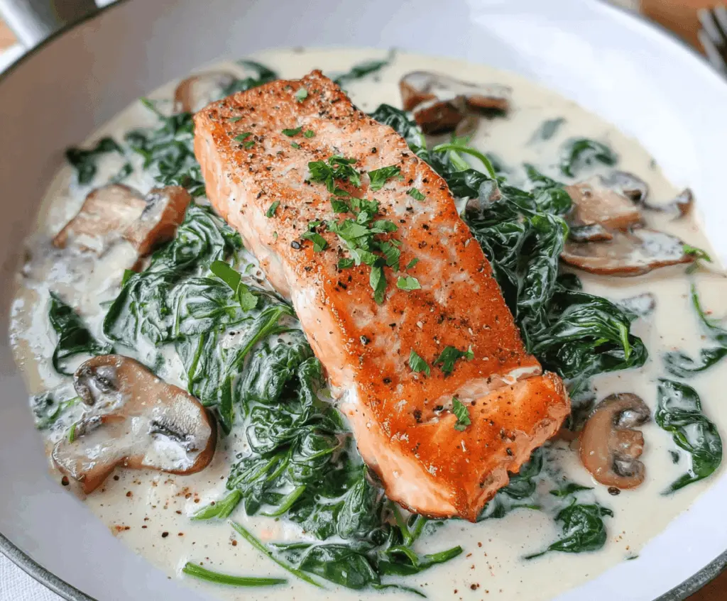 Salmon Florentine topped with spinach and served with creamy garlic sauce on a white plate