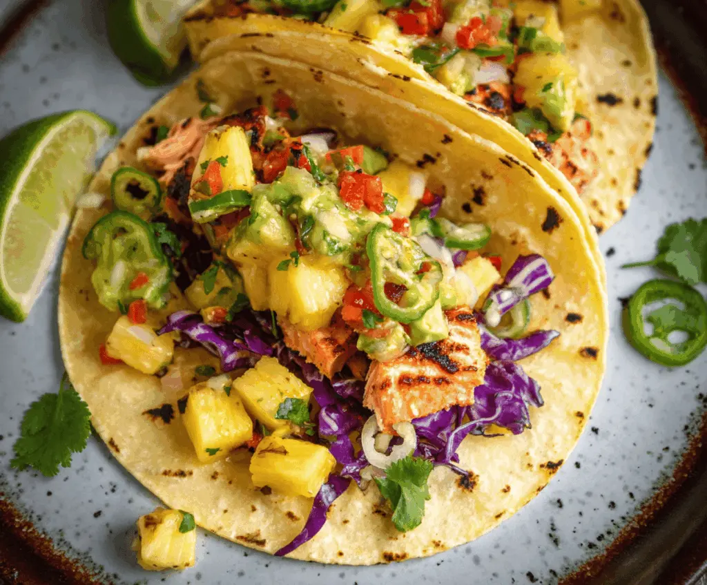 Delicious salmon tacos topped with fresh pineapple avocado salsa on a vibrant plate.