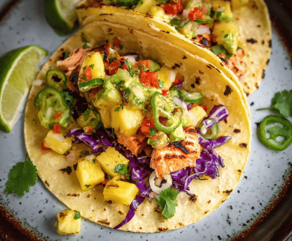 Delicious salmon tacos topped with fresh pineapple avocado salsa on a vibrant plate.