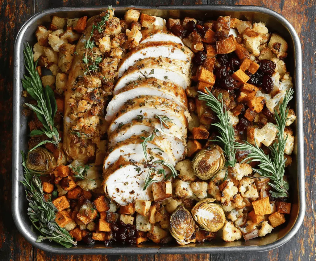 Delicious sheet pan turkey dinner with roasted vegetables and herbs on a baking sheet