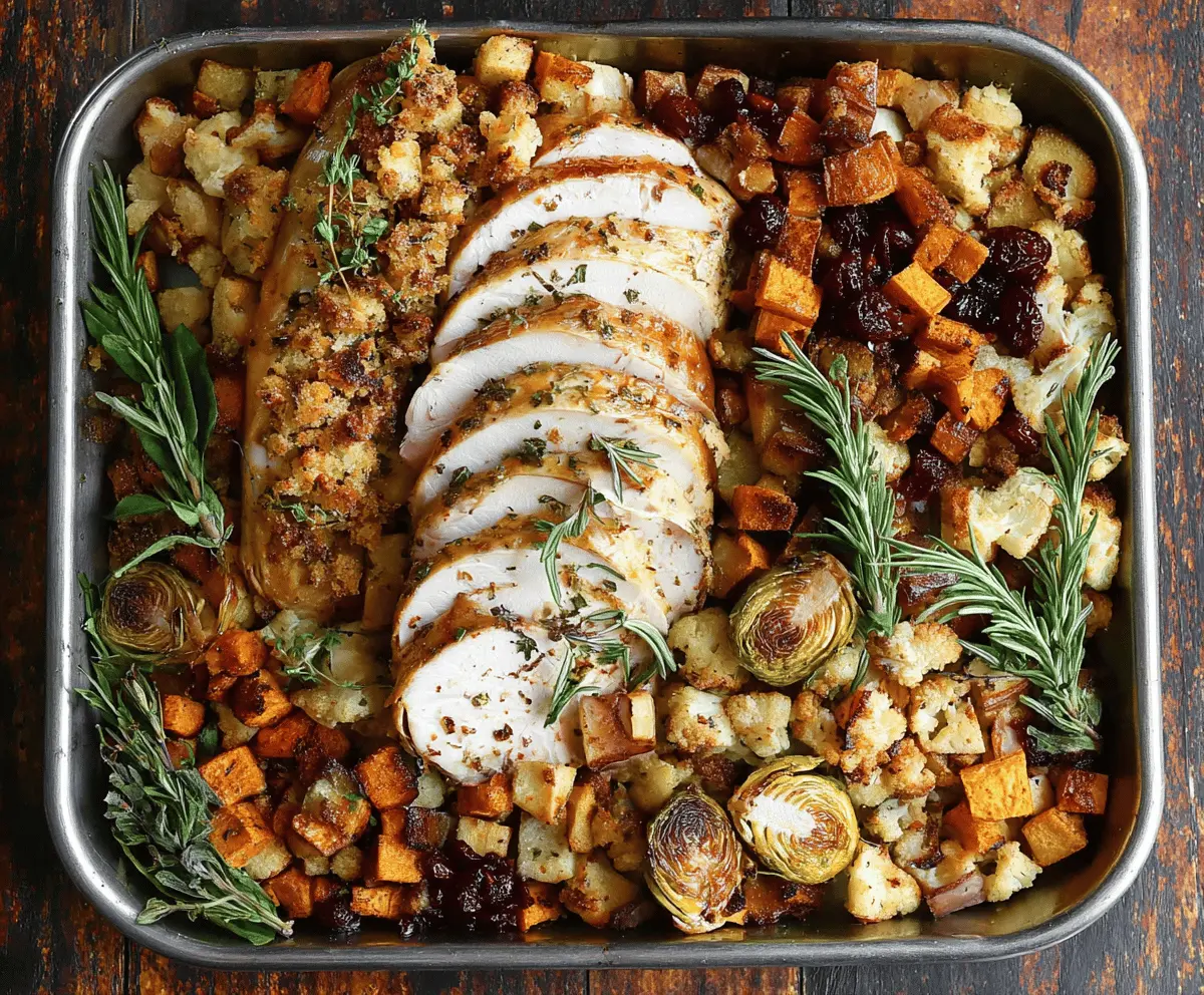 Delicious sheet pan turkey dinner with roasted vegetables and herbs on a baking sheet