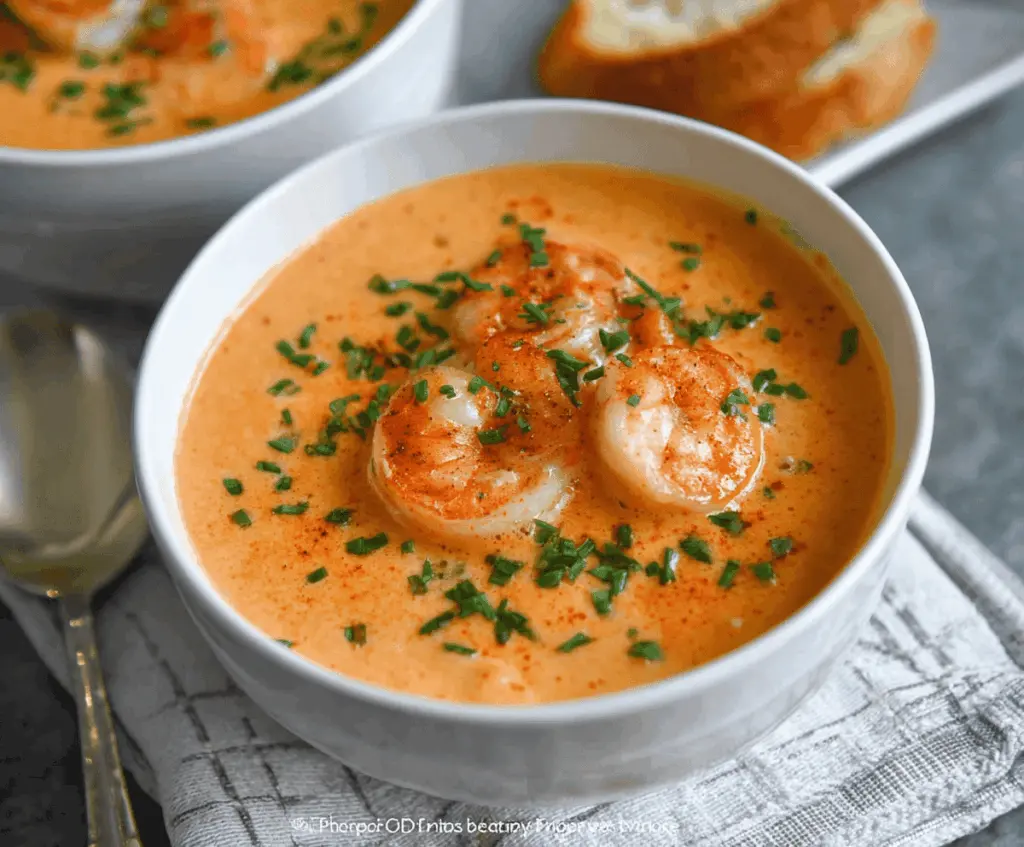 Creamy shrimp bisque garnished with fresh herbs in a bowl, featuring tender shrimp and a smooth, flavorful soup