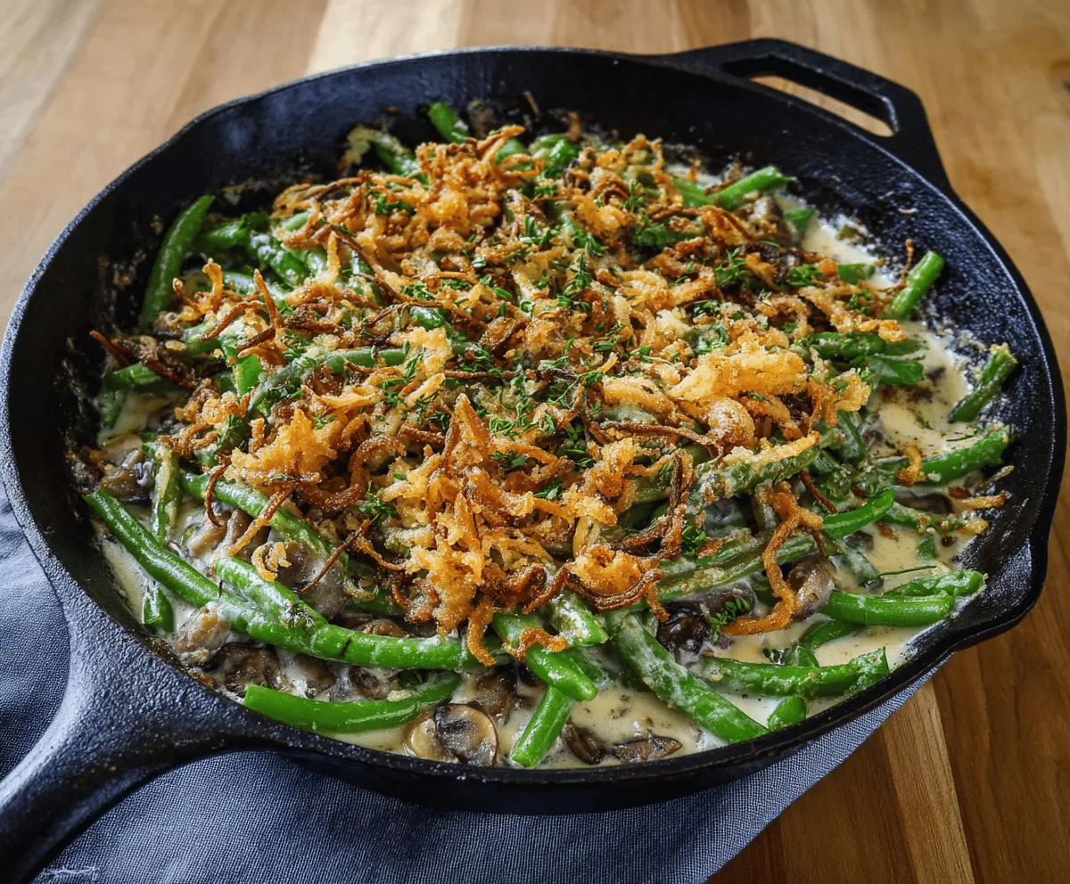 Delicious skillet green bean casserole topped with crispy fried onions served in a skillet for a comforting holiday side dish