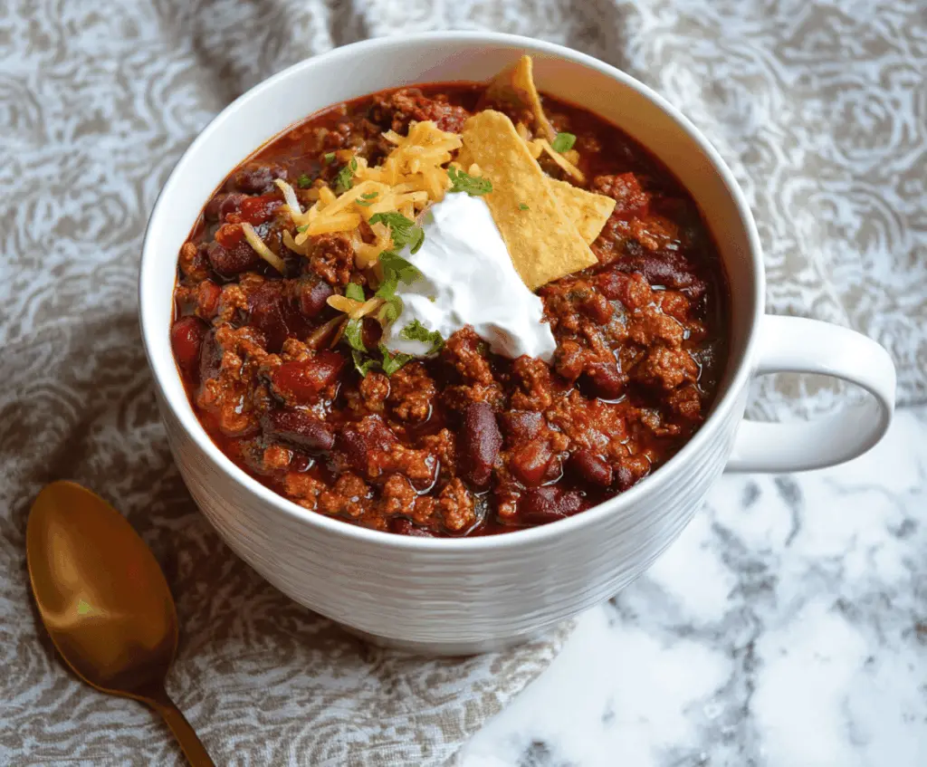 Hearty slow cooker chili topped with shredded cheese and chopped cilantro in a bowl ready to serve