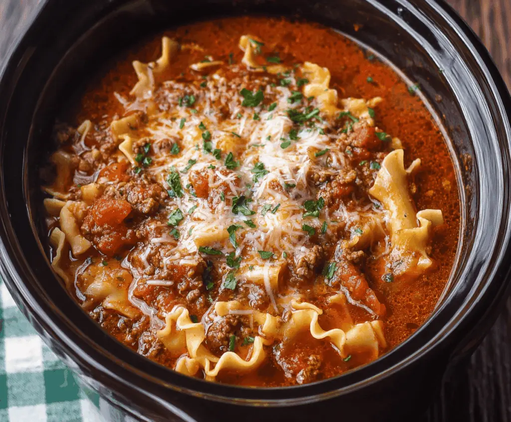 Delicious Slow Cooker Ground Beef Lasagna Soup with melted cheese, tomato sauce, and fresh herbs in a bowl