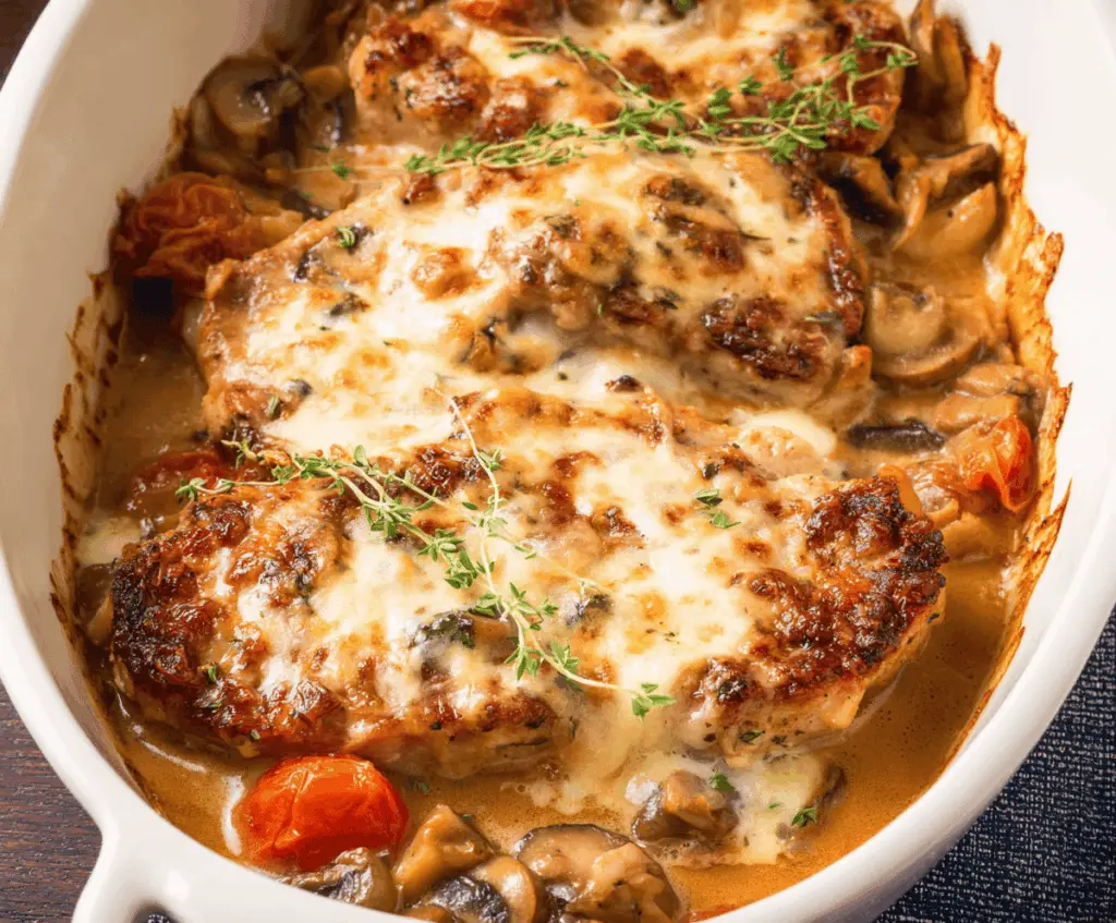 Delicious smothered pork chop casserole topped with melted cheese and crispy onions, served in a baking dish