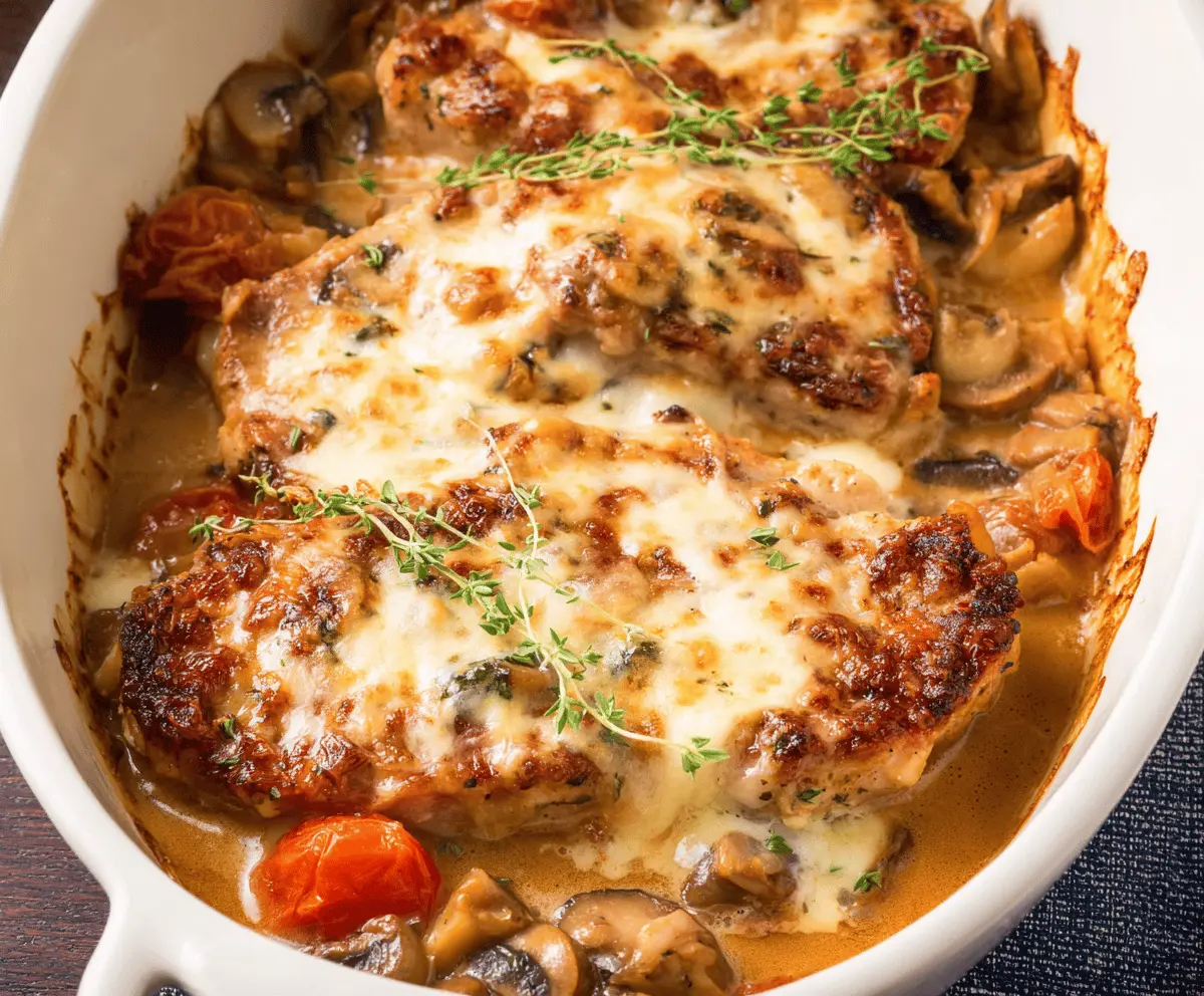 Delicious smothered pork chop casserole topped with melted cheese and crispy onions, served in a baking dish