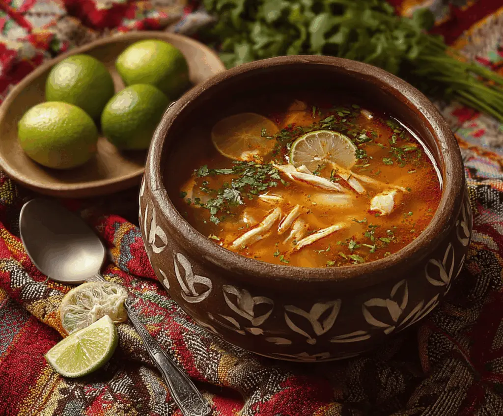 Refreshing Sopa de Lima with fresh lime wedges, herbs, and tender chicken in a clear, flavorful broth, perfect for a traditional Mexican appetizer.