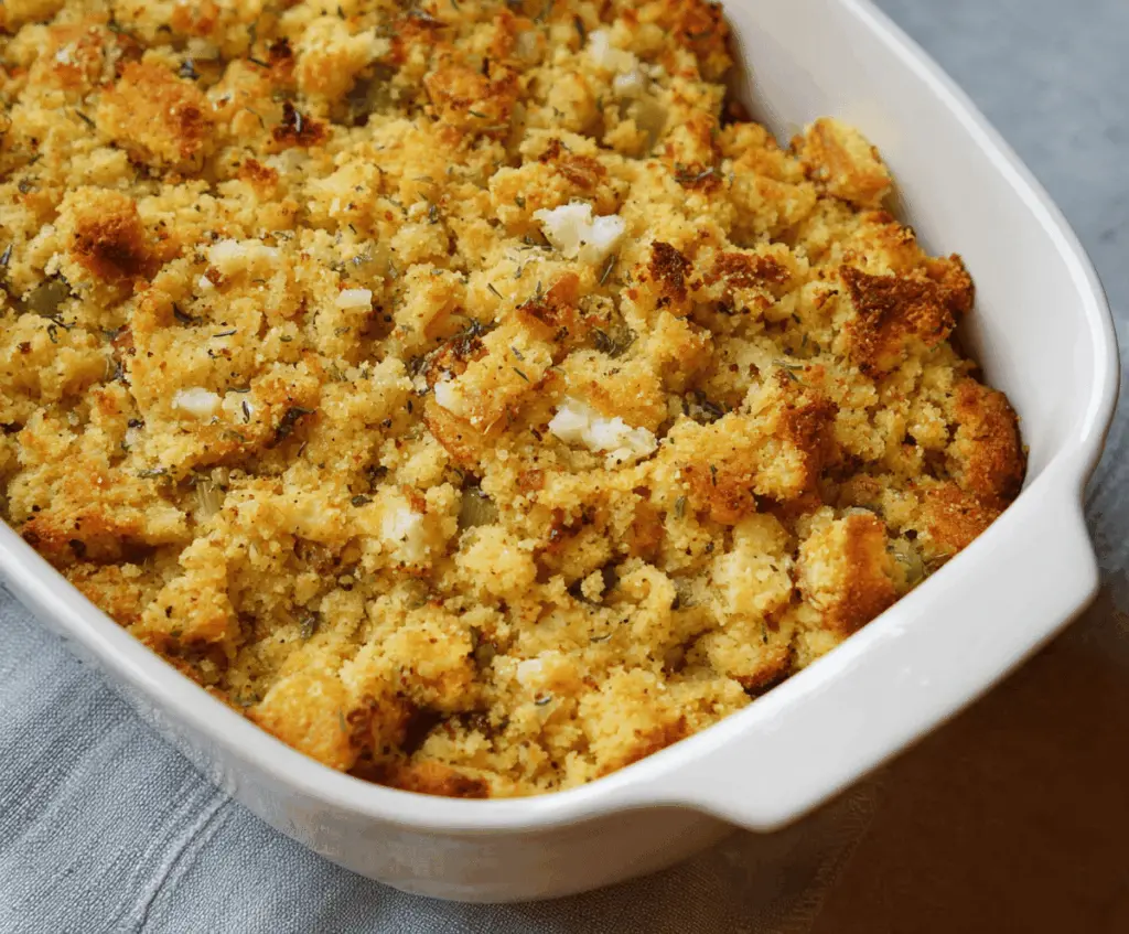 Delicious Southern Cornbread Dressing with moist cornbread, herbs, and savory ingredients, served as a classic holiday side dish.