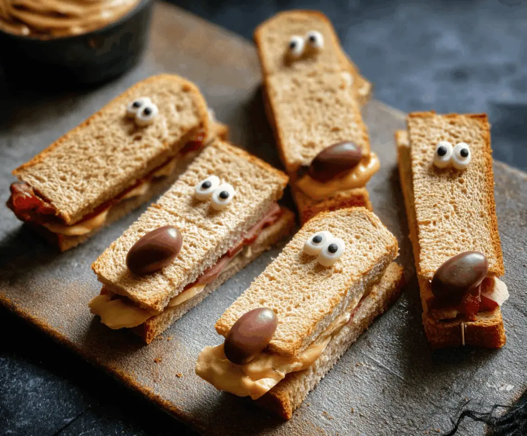 A plate of creepy Halloween finger sandwiches decorated to look like spooky fingers with fake nails and blood accents for a festive Halloween party.