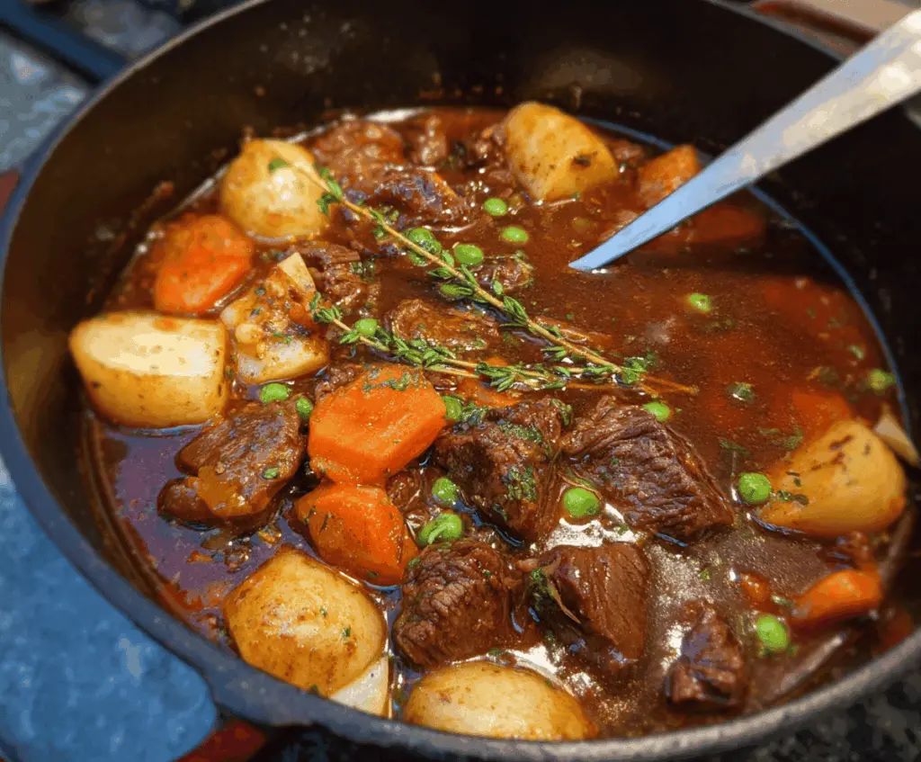 Hearty stovetop beef stew with tender beef chunks, fresh vegetables, and rich gravy in a pot