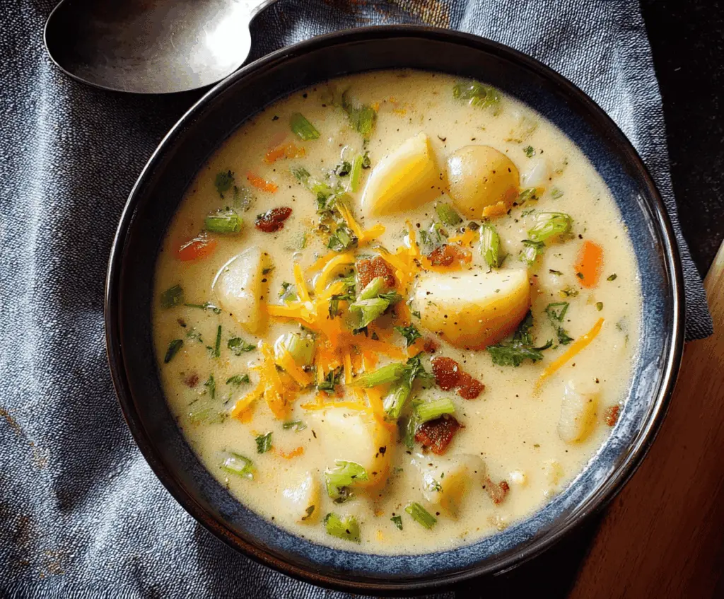 Creamy stovetop potato soup served in a bowl with fresh herbs, perfect for a comforting meal