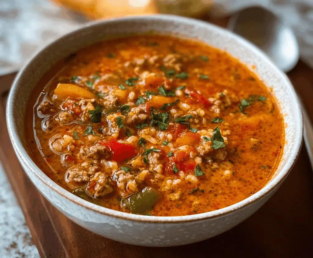 Creamy stuffed bell pepper soup featuring colorful bell peppers filled with seasoned meat and rice, garnished with fresh herbs in a bowl.