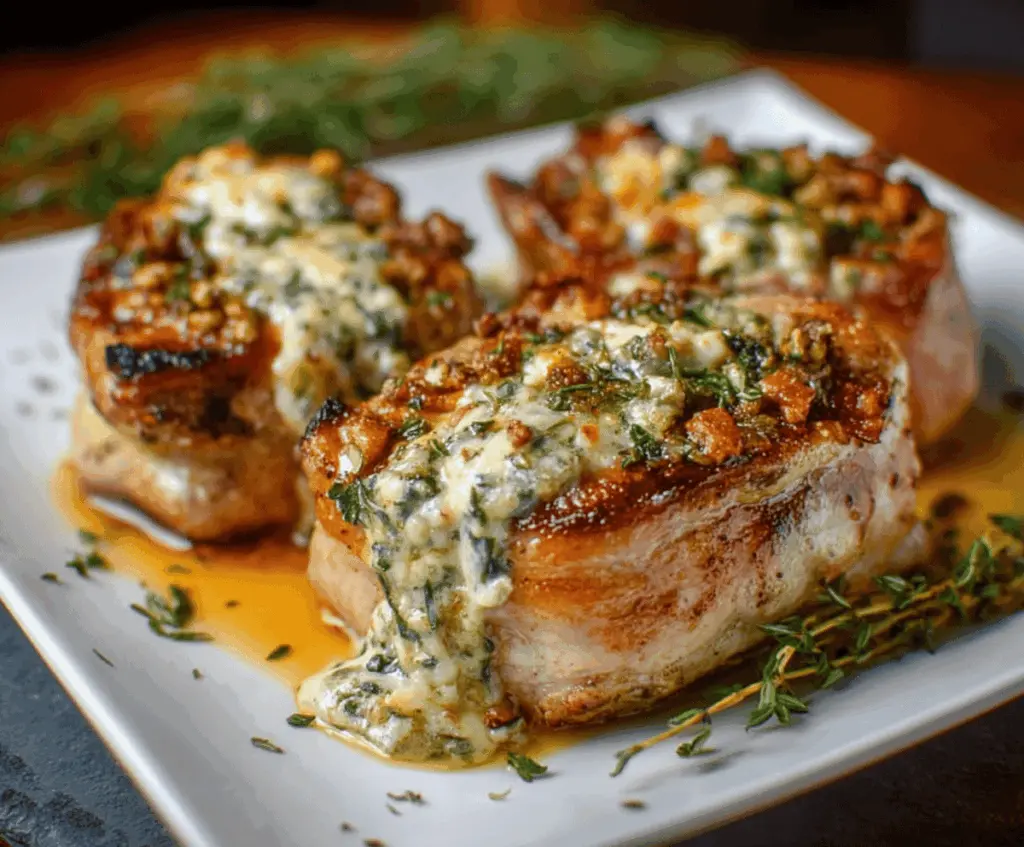 Juicy stuffed pork chops filled with cheese and herbs, served with roasted vegetables on a plate.
