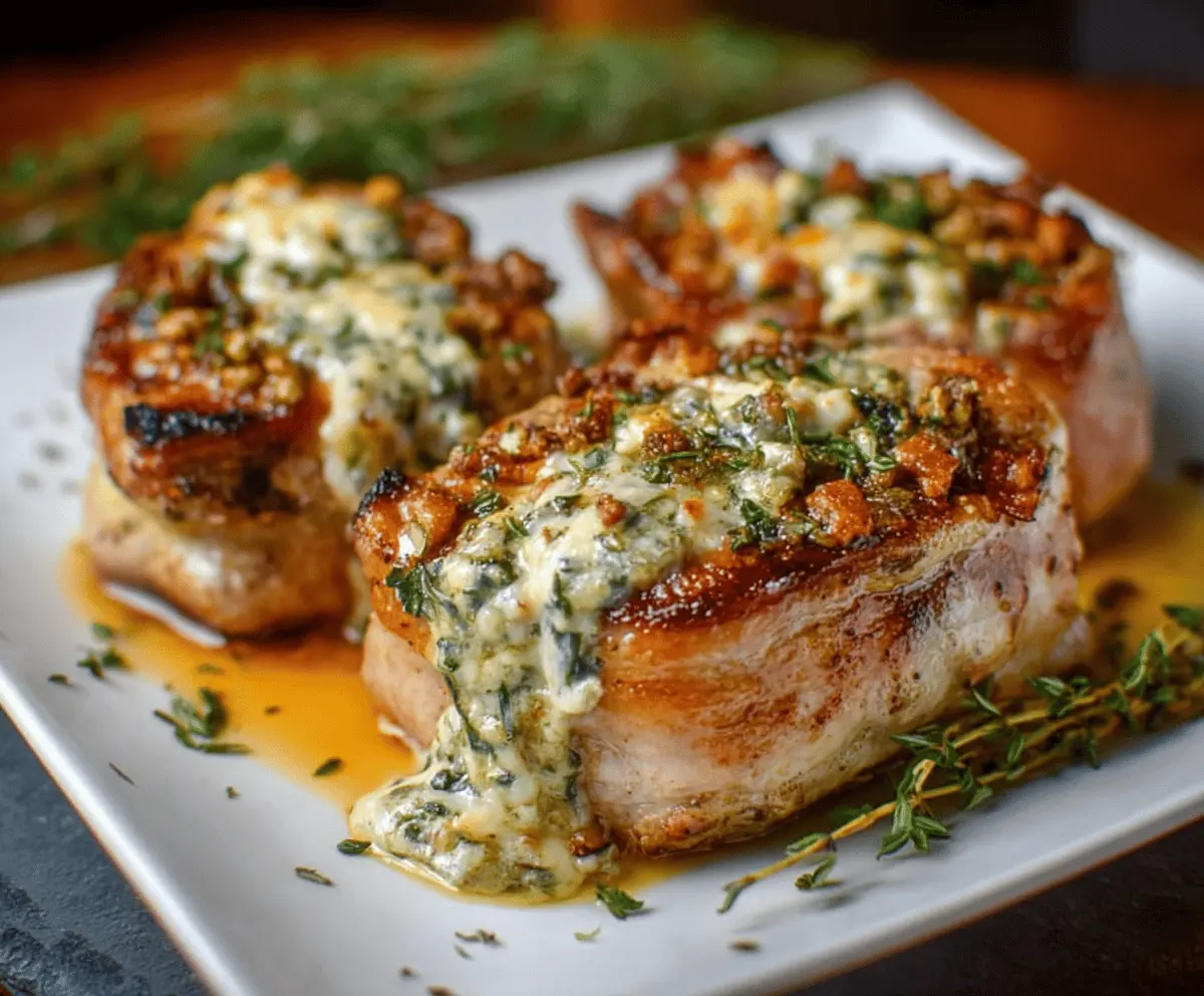Juicy stuffed pork chops filled with cheese and herbs, served with roasted vegetables on a plate.