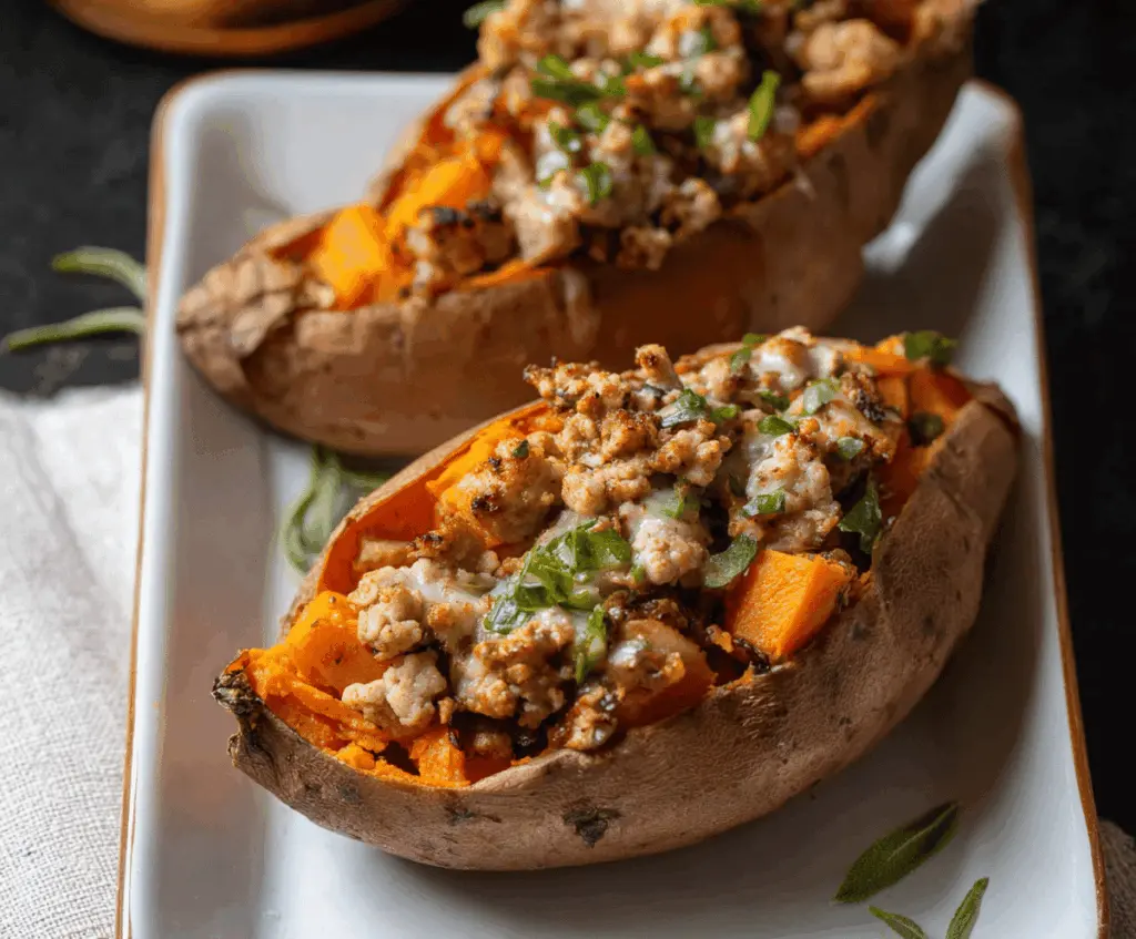 Delicious stuffed sweet potatoes topped with seasoned turkey, garnished with fresh herbs, served on a white plate for a nutritious and flavorful meal.