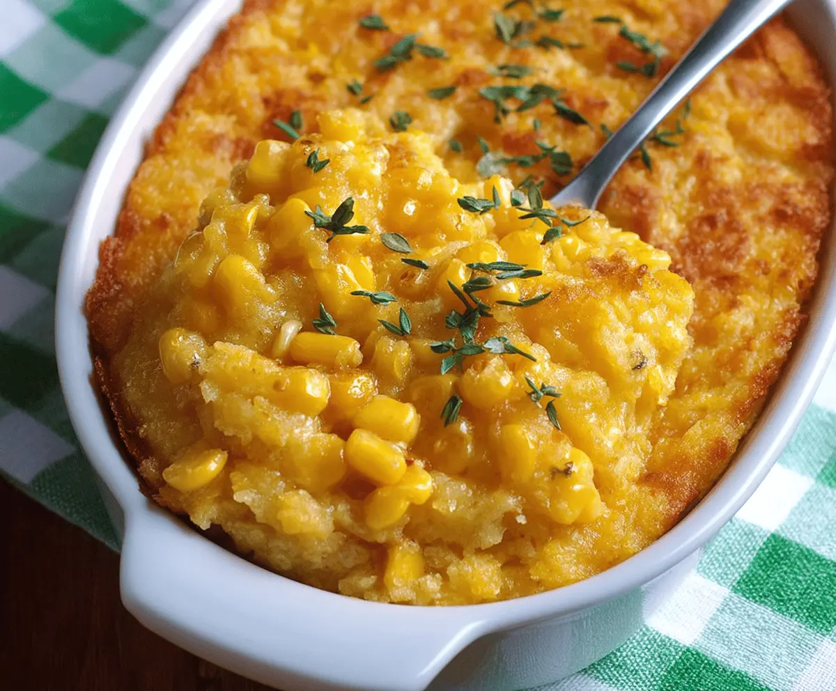 Delicious sweet corn casserole topped with golden melted cheese and fresh herbs, served in a baking dish—perfect for a comforting side dish.