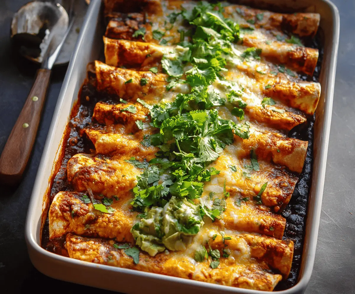 Delicious sweet potato and black bean enchiladas topped with melted cheese, ready to serve.