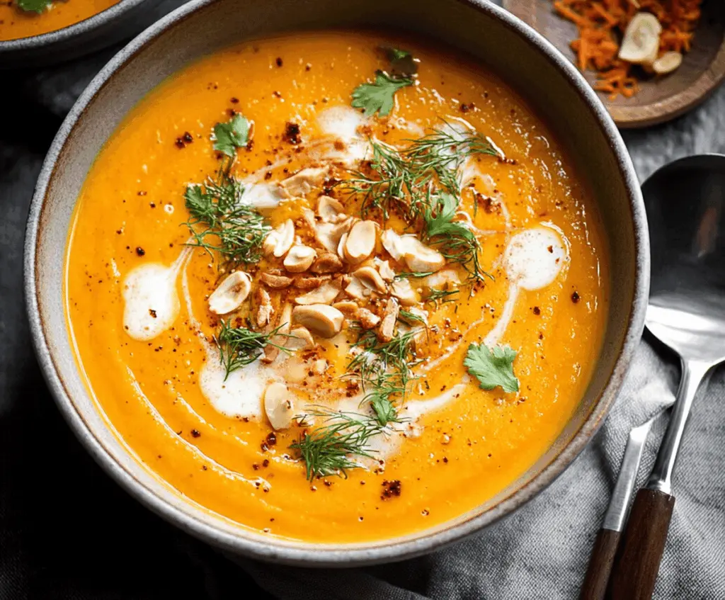 Creamy sweet potato and carrot curry soup garnished with fresh herbs in a rustic bowl, perfect for a comforting and healthy meal.