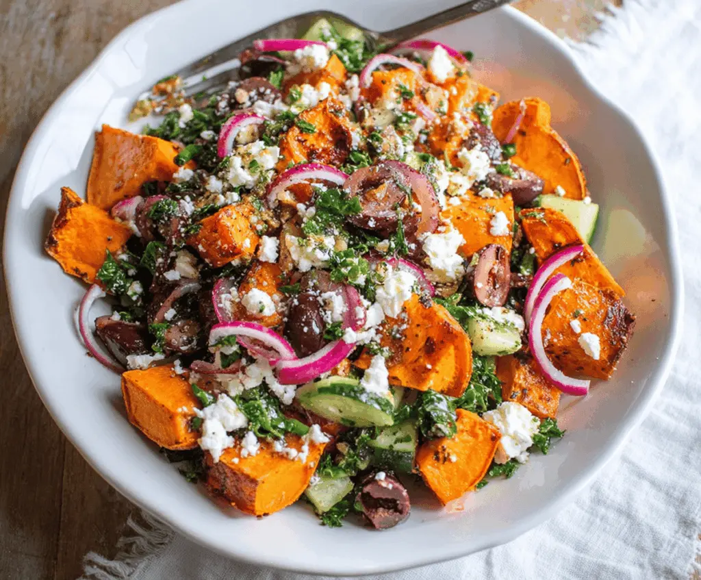 Colorful sweet potato Greek salad with cherry tomatoes, cucumbers, red onions, Kalamata olives, and feta cheese, garnished with fresh herbs, served in a bowl.