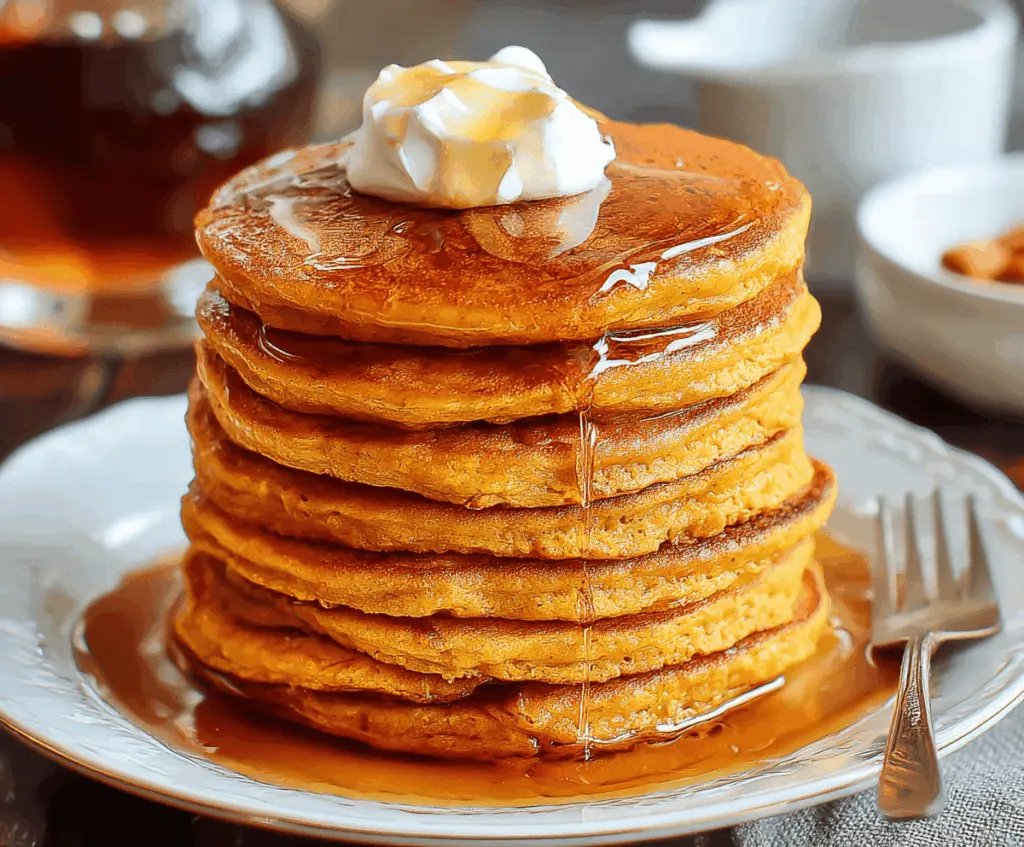 Fluffy homemade sweet potato pancakes topped with maple syrup and fresh berries on a white plate